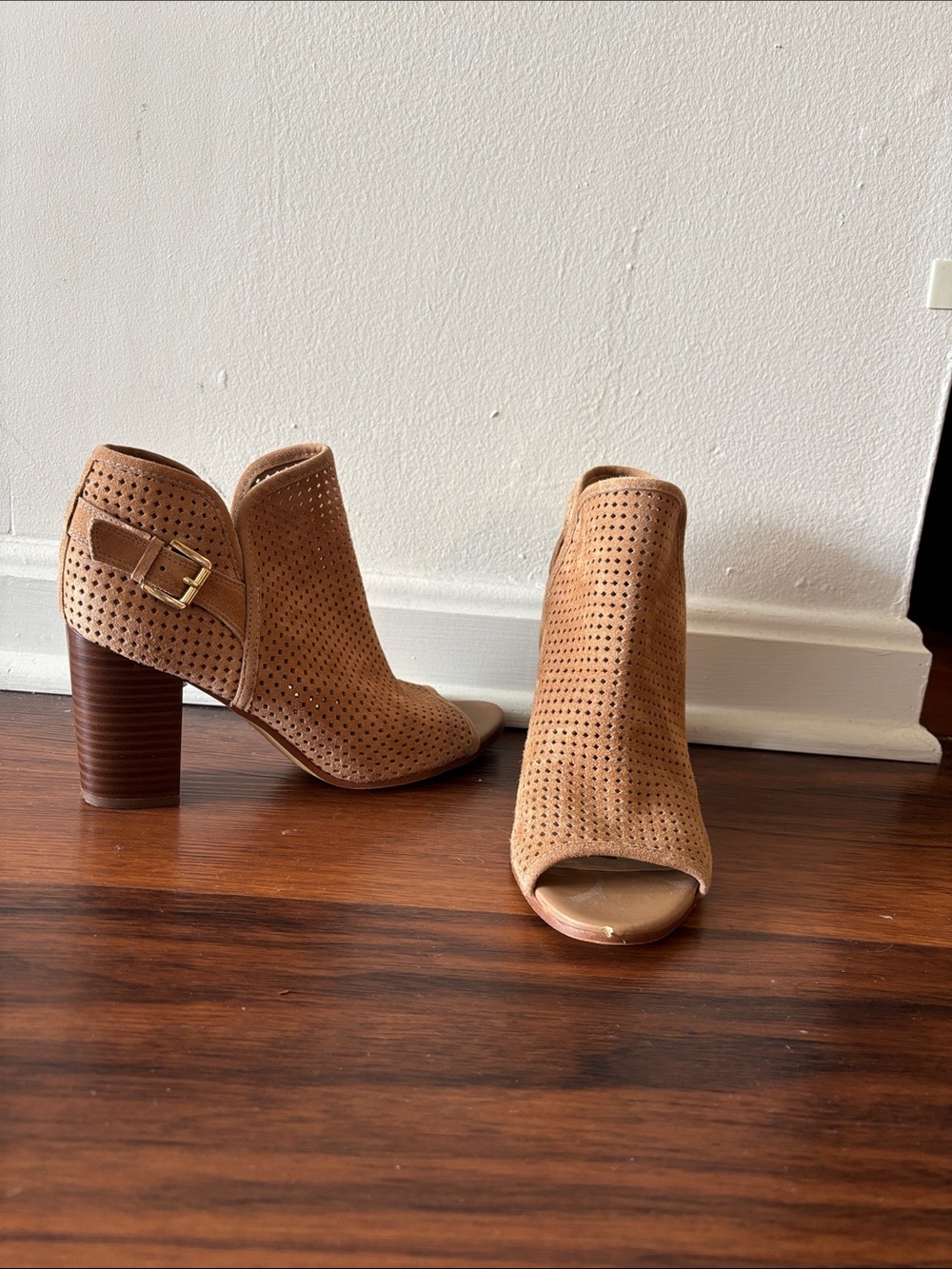 Sam Edelman Tan Suede Perforated Peep-Toe Booties with Block Heel